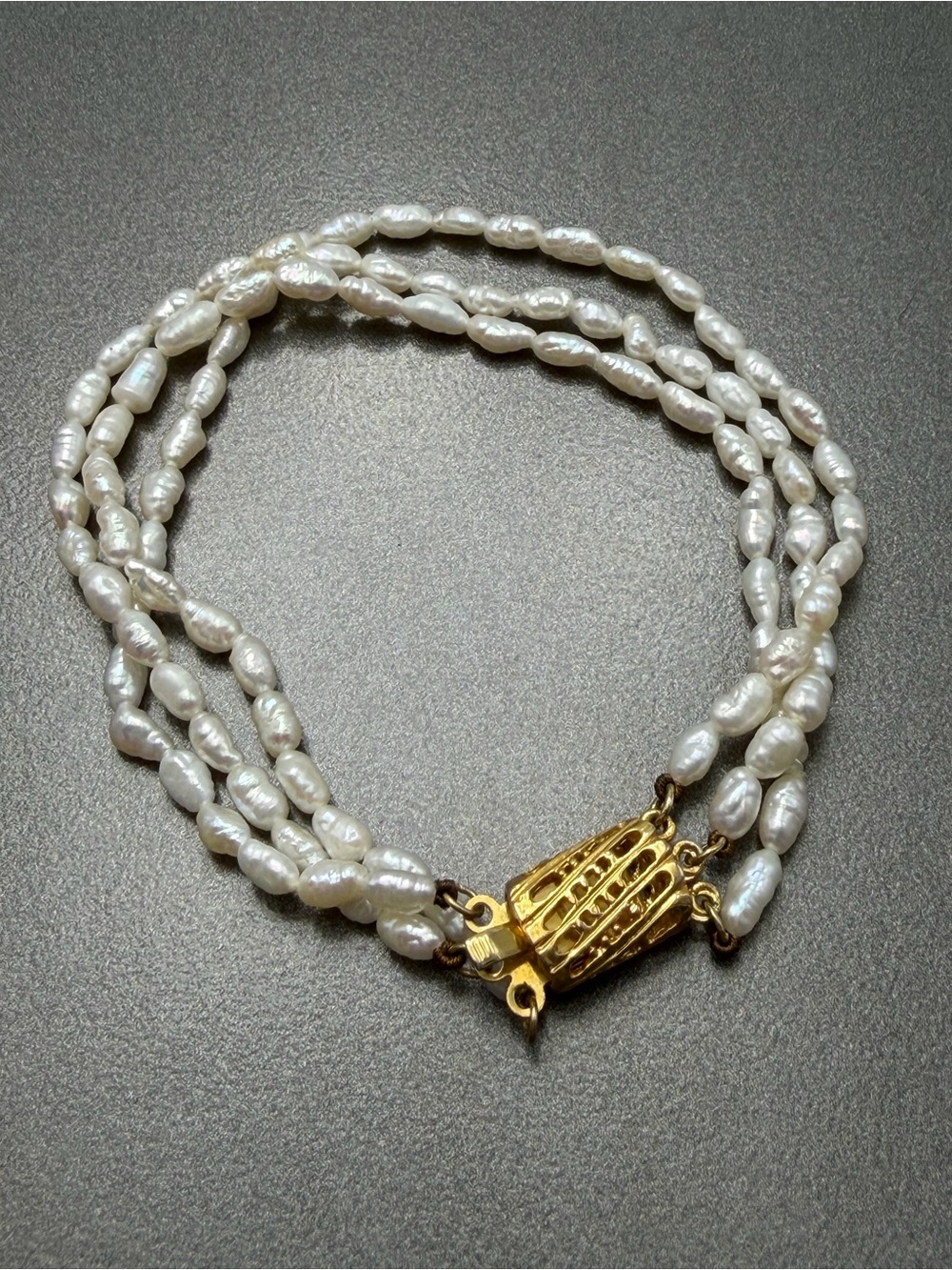 Triple Strand Freshwater Pearl Bracelet with Gold Clasp by